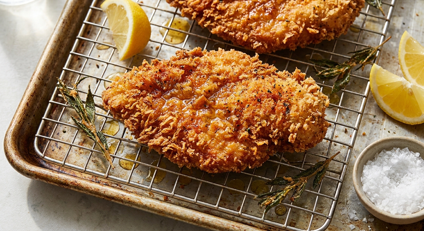 Crispy fried chicken cutlets resting on a wire rack with a baking sheet underneath, close-up food photo