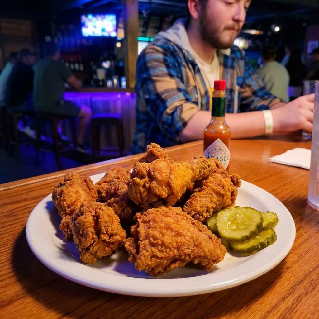 Crispy fried chicken on a plate with pickles and hot sauce nearby