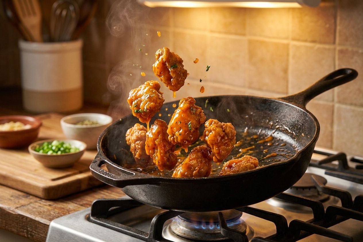 Crispy fried chicken pieces being tossed in a skillet with glossy orange sauce on a stovetop under warm kitchen lighting