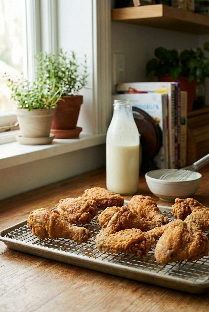 Crispy fried chicken pieces cooling on a wire rack with a bowl of buttermilk marinade in the background