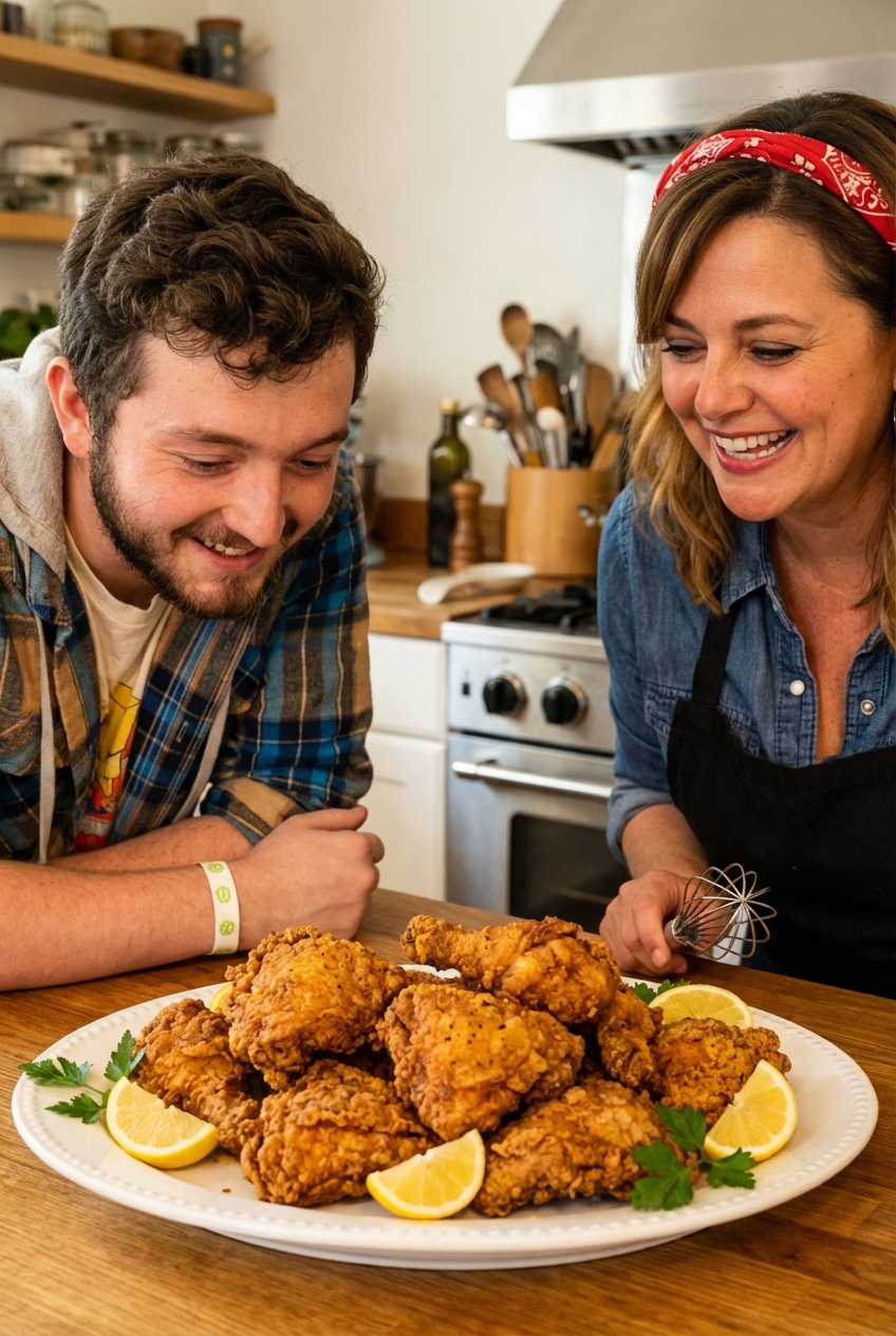 Crispy fried chicken pieces on a platter with lemon wedges