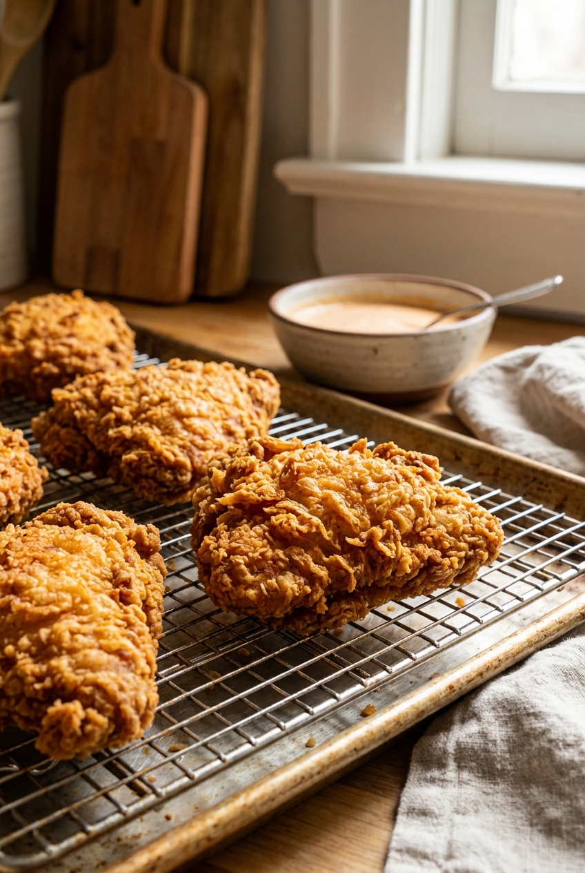 Crispy fried chicken pieces on a wire rack with flaky crust