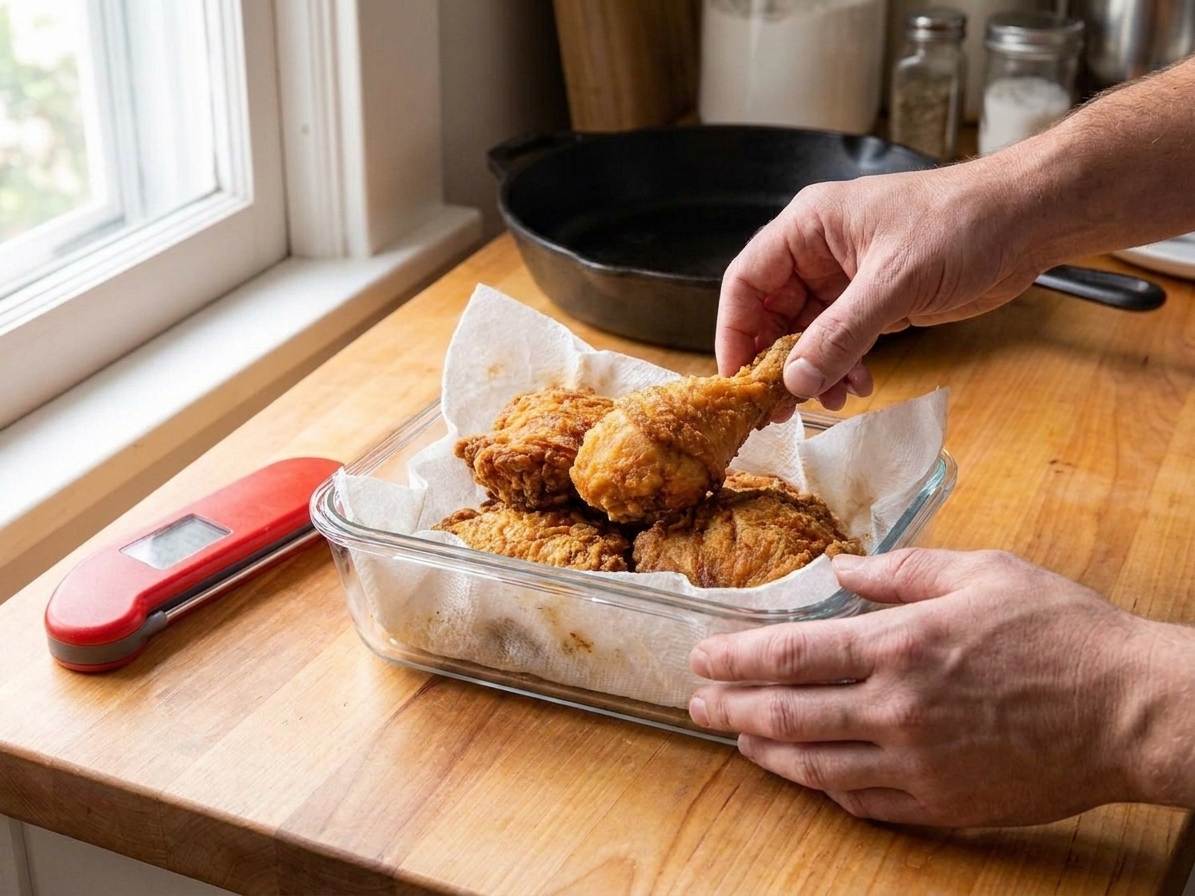 Crispy fried chicken pieces stored in a glass container lined with paper towel on a kitchen counter