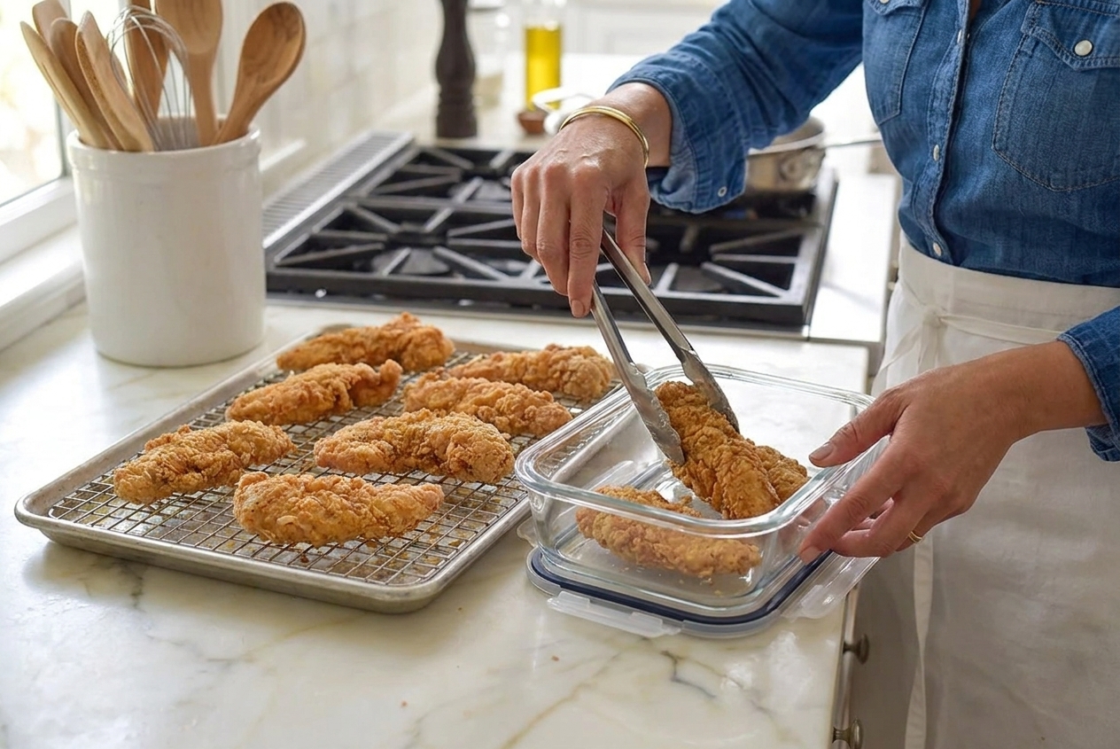 Crispy fried chicken tenders cooling before being placed into a glass storage container on a kitchen counter