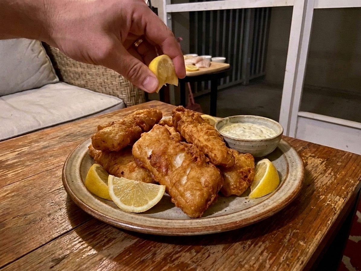 Crispy fried cod on a plate with lemon wedges and a small bowl of tartar sauce on a simple table setting