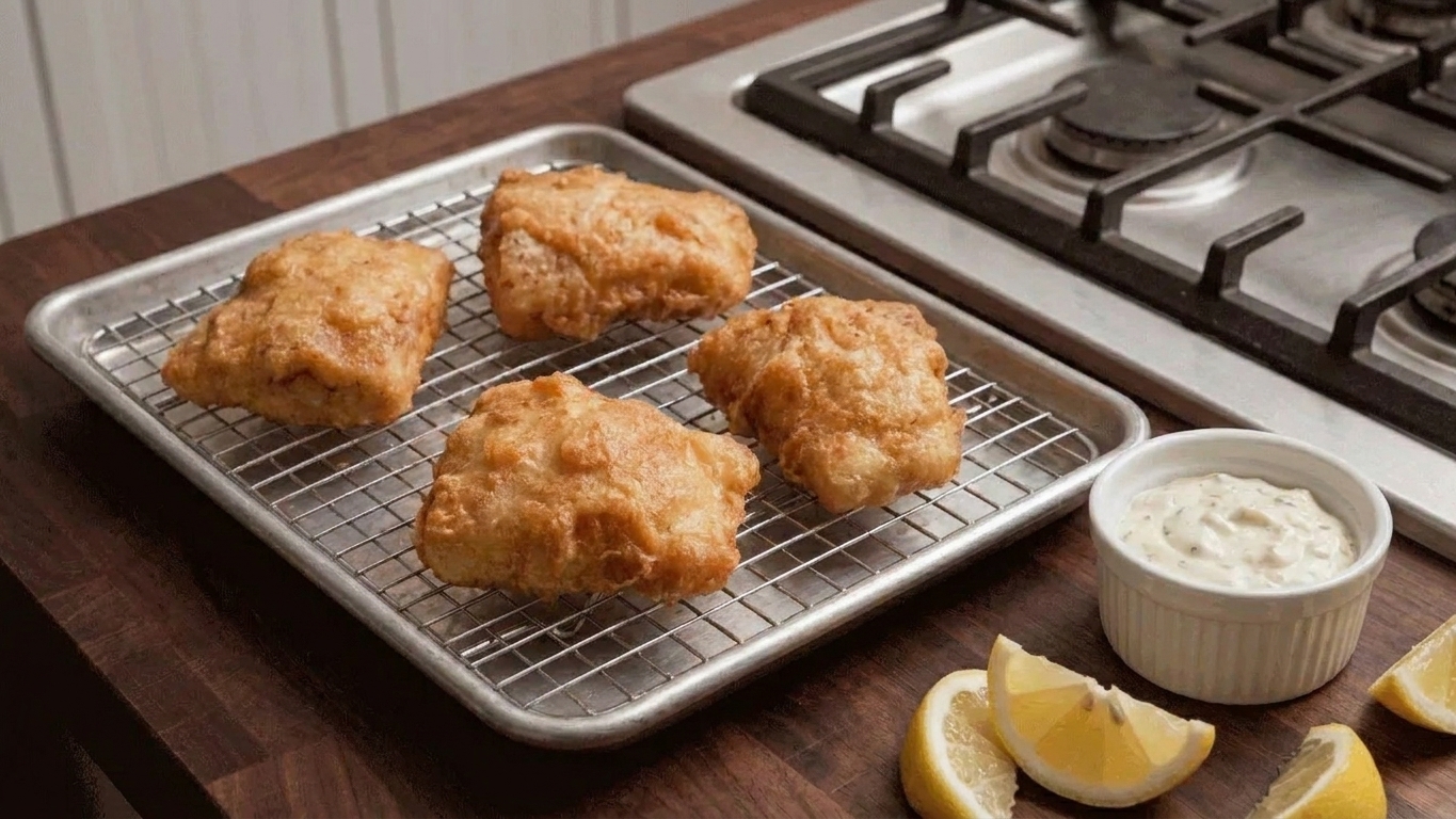Crispy fried fish on a wire rack over a sheet pan with lemon wedges nearby and a small ramekin of tartar sauce