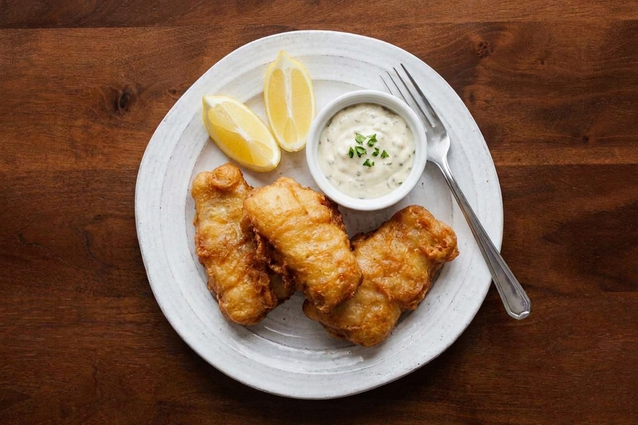 Crispy fried fish served with lemon wedges and a small ramekin of tartar sauce