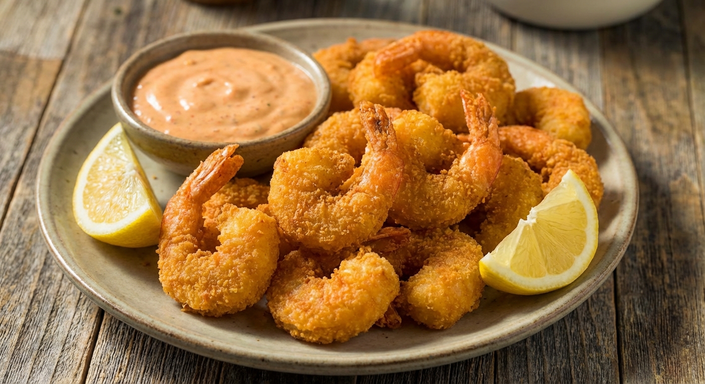 Crispy fried shrimp arranged on a plate with a small bowl of creamy remoulade sauce for dipping, lemon wedge on the side, close-up photorealistic food photography