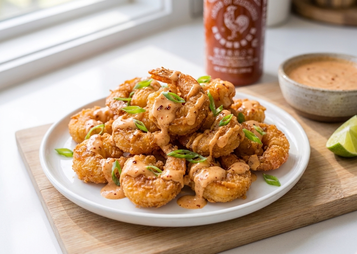 Crispy fried shrimp on a plate with bang bang sauce drizzled over the top and sliced green onions