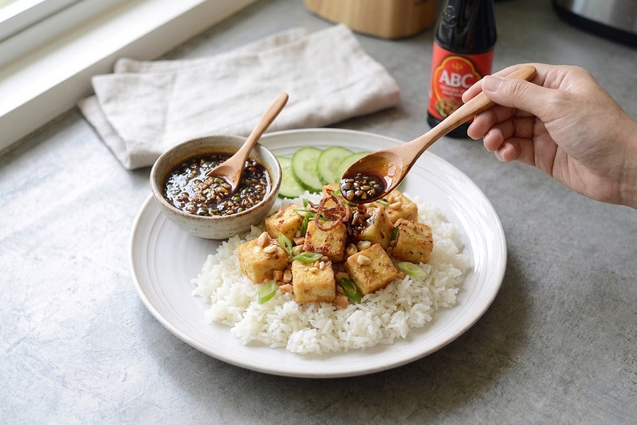 Crispy fried tofu served with steamed white rice, cucumber slices, and a small bowl of extra sweet soy lime sauce