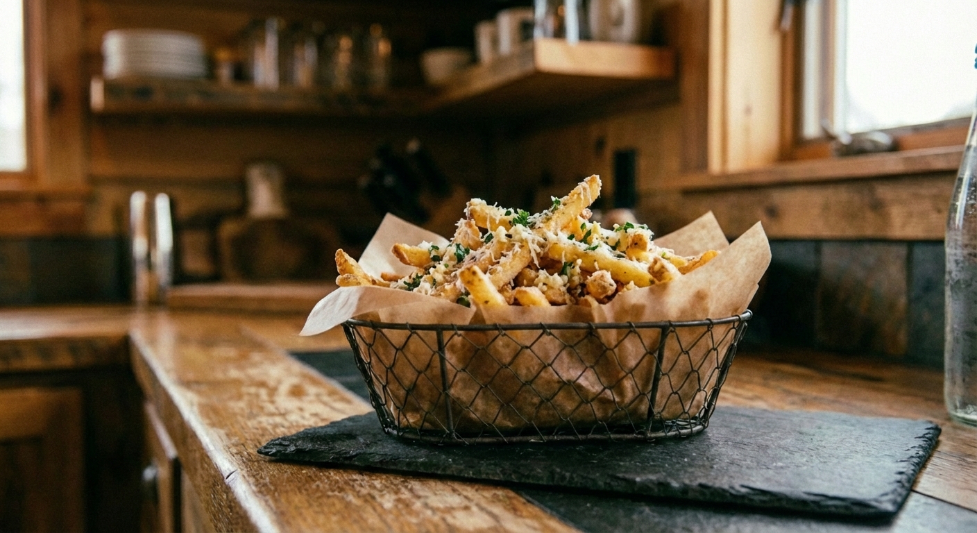 Crispy garlic Parmesan fries in a paper-lined basket