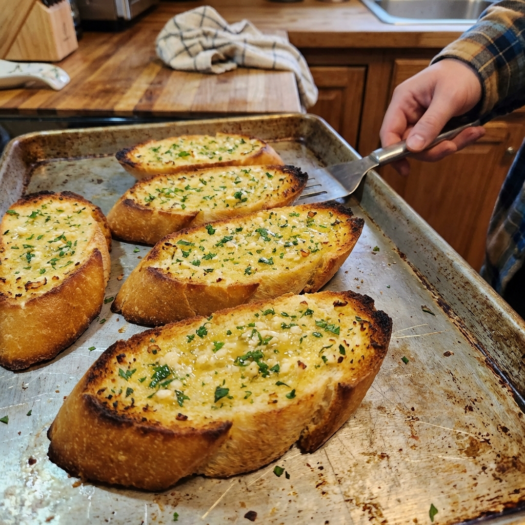 Crispy garlic bread slices on a baking sheet