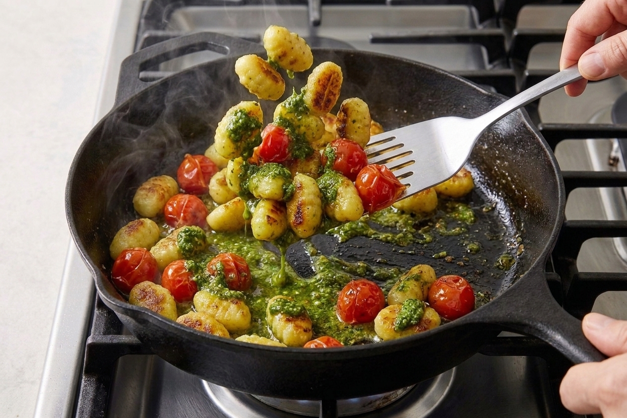 Crispy gnocchi and burst tomatoes being tossed with green basil pesto in a skillet, creating a glossy sauce