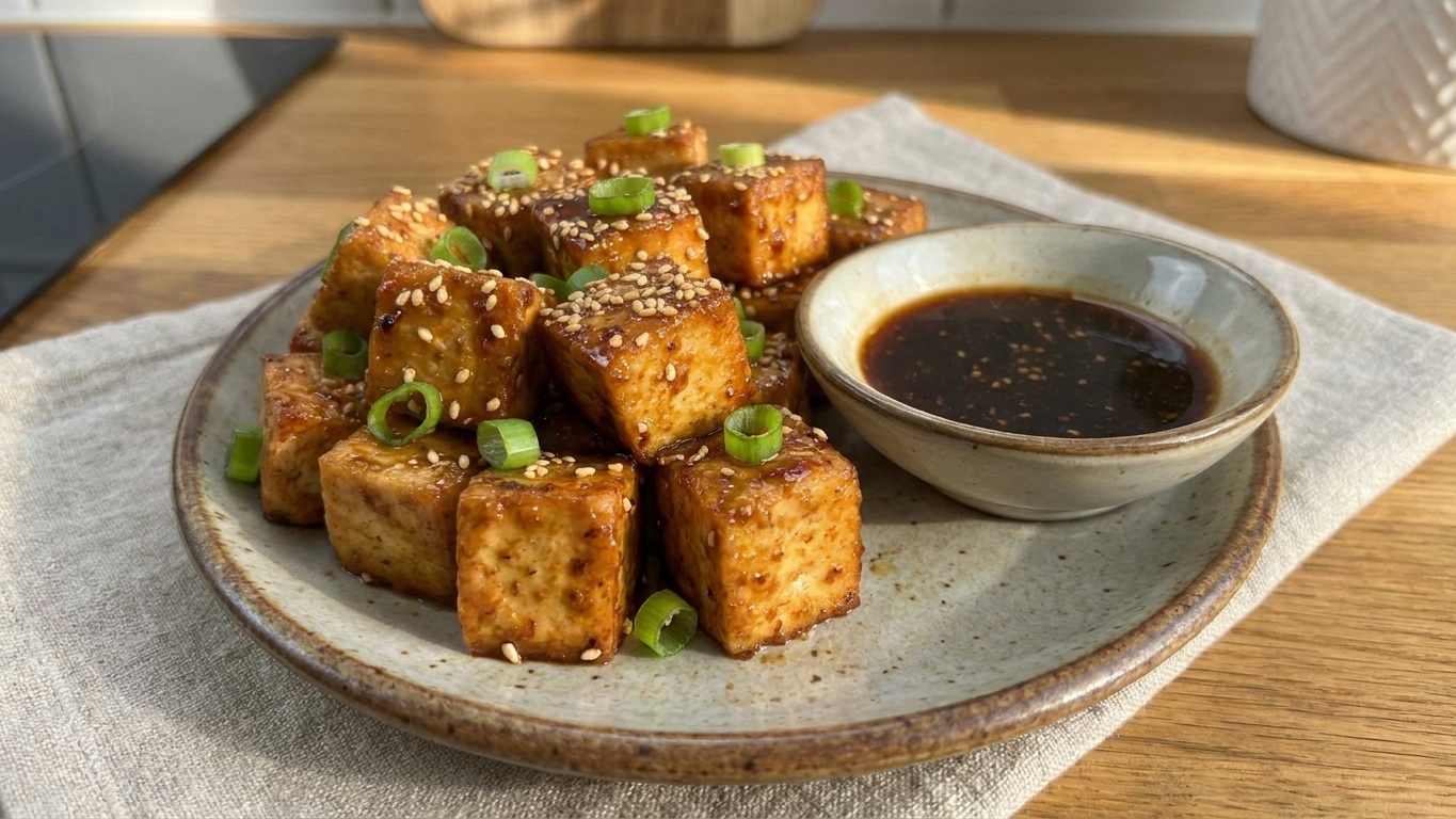 Crispy golden tofu cubes on a plate with a small bowl of dipping sauce