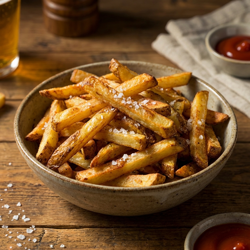 Crispy oven fries piled in a bowl with flaky salt