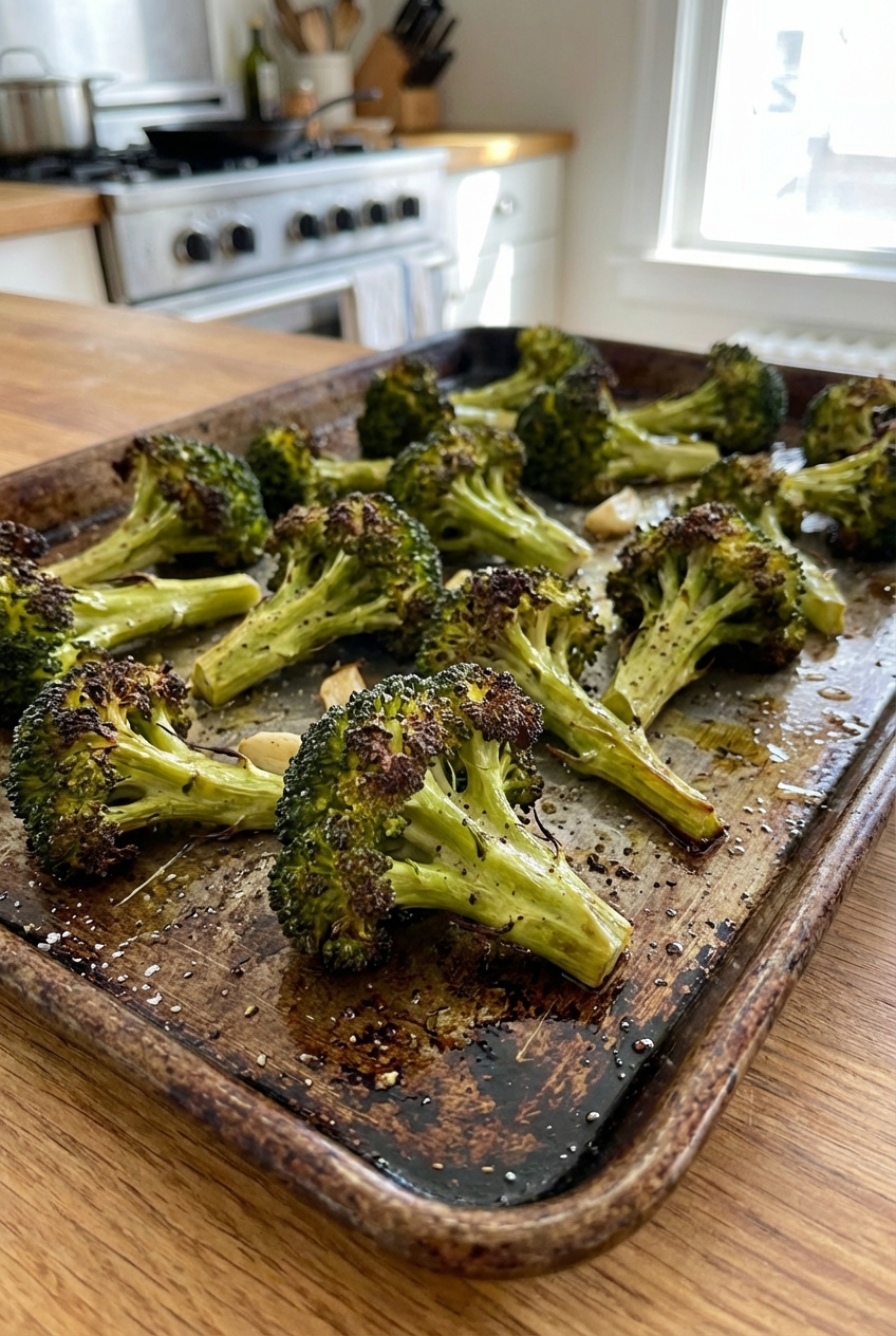 Crispy oven roasted broccoli on a sheet pan with browned edges