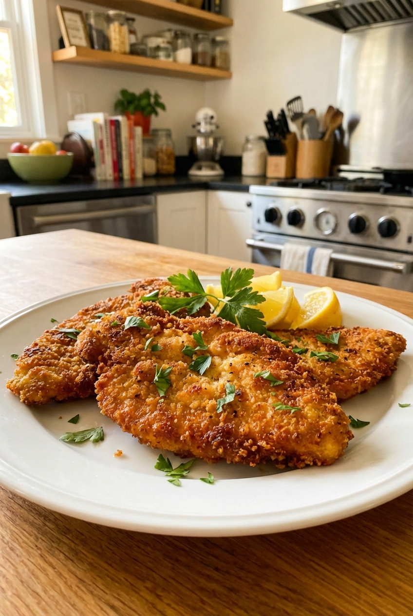 Crispy pan-seared chicken cutlets on a plate with lemon wedges