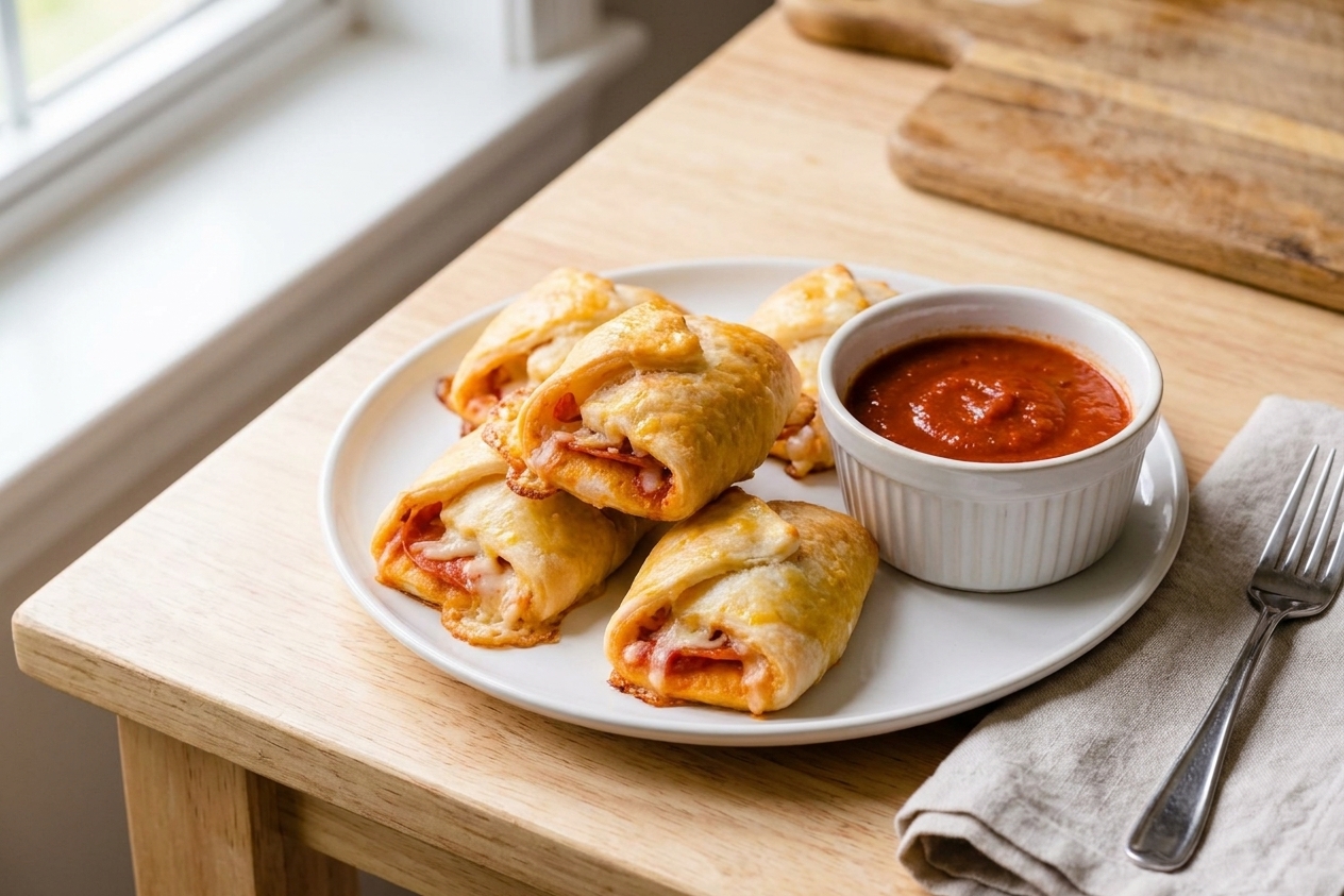 Crispy pizza rolls served with a small bowl of marinara sauce on a kitchen table