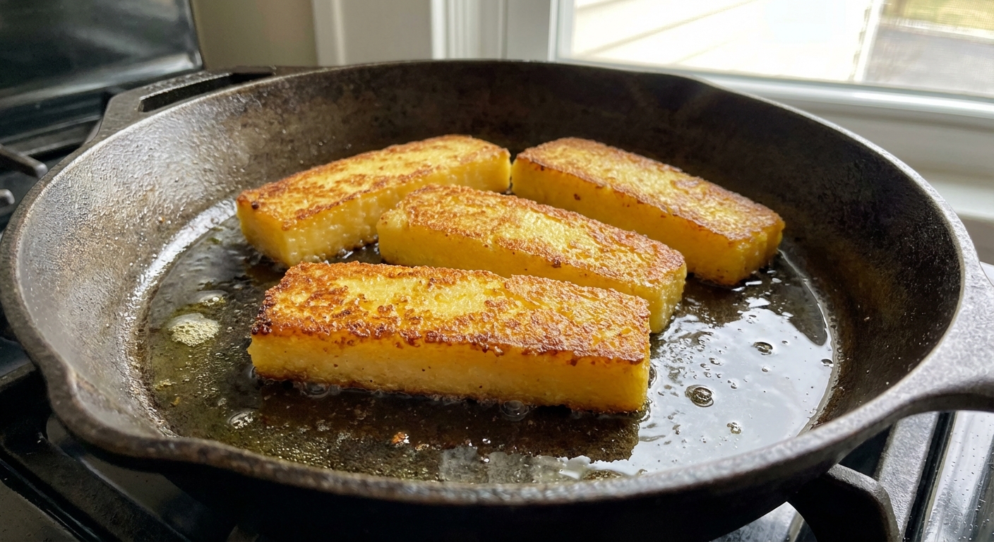 Crispy polenta slabs browning in a cast-iron skillet with a thin sheen of oil
