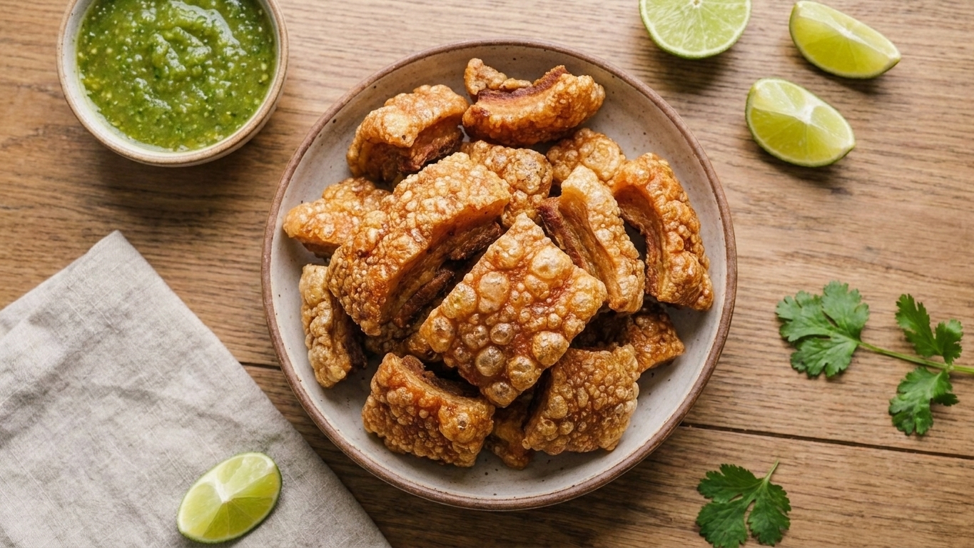 Crispy pork belly chicharrones served on a plate with a small bowl of salsa verde and lime wedges on a simple wooden table
