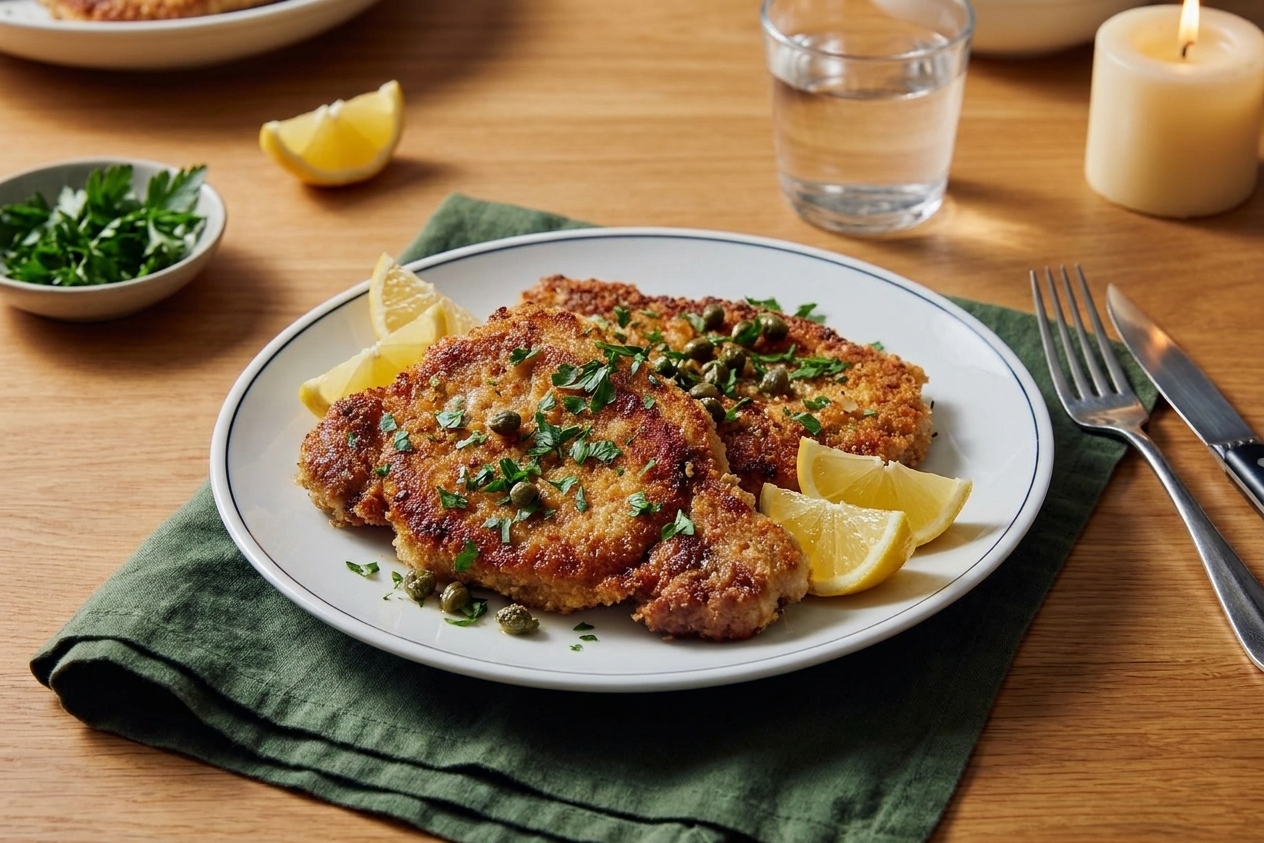 Crispy pork cutlets served with lemon wedges and parsley on a dinner table with simple plates and warm lighting