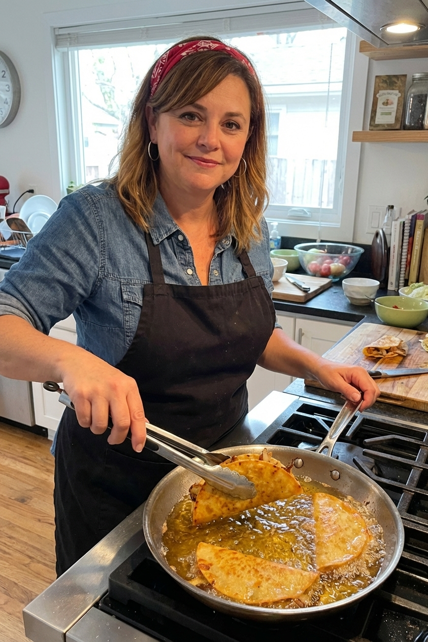 Crispy potato tacos frying in hot oil in a skillet, bubbles around the tortillas, tongs turning one taco, real kitchen action photo
