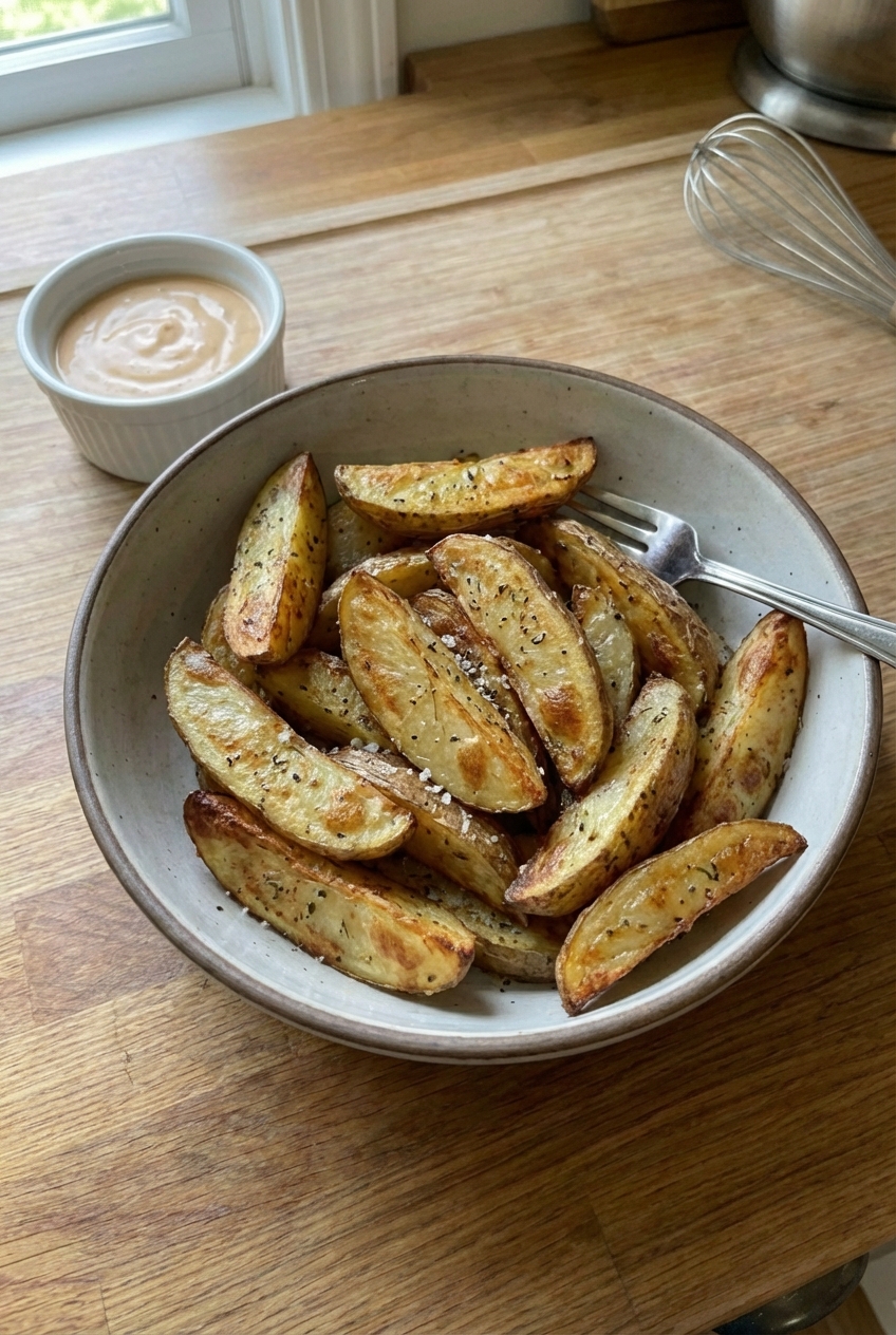 Crispy potato wedges in a bowl with a small ramekin of dipping sauce