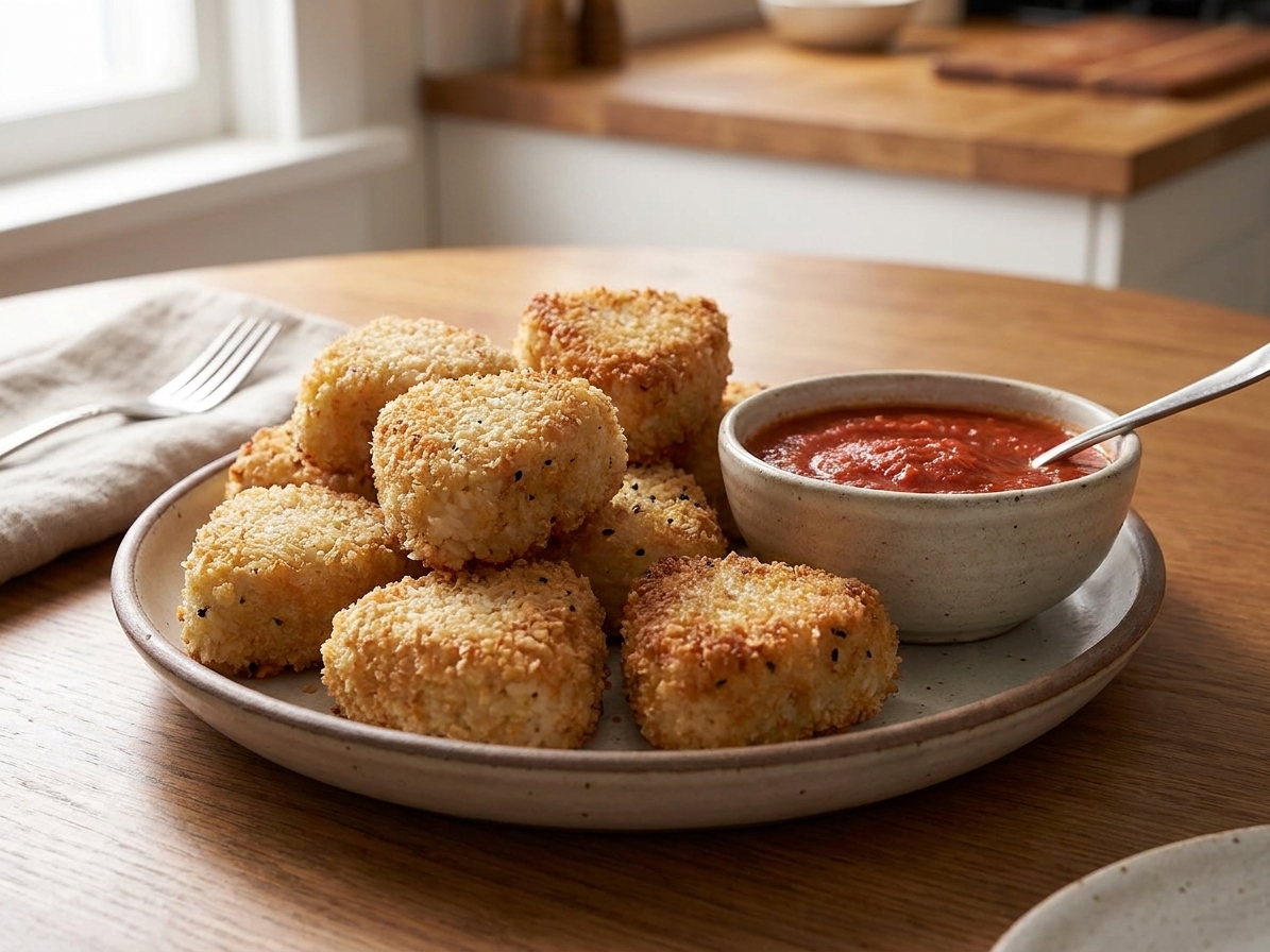 Crispy rice balls piled on a serving plate with a small bowl of marinara sauce for dipping on a dinner table