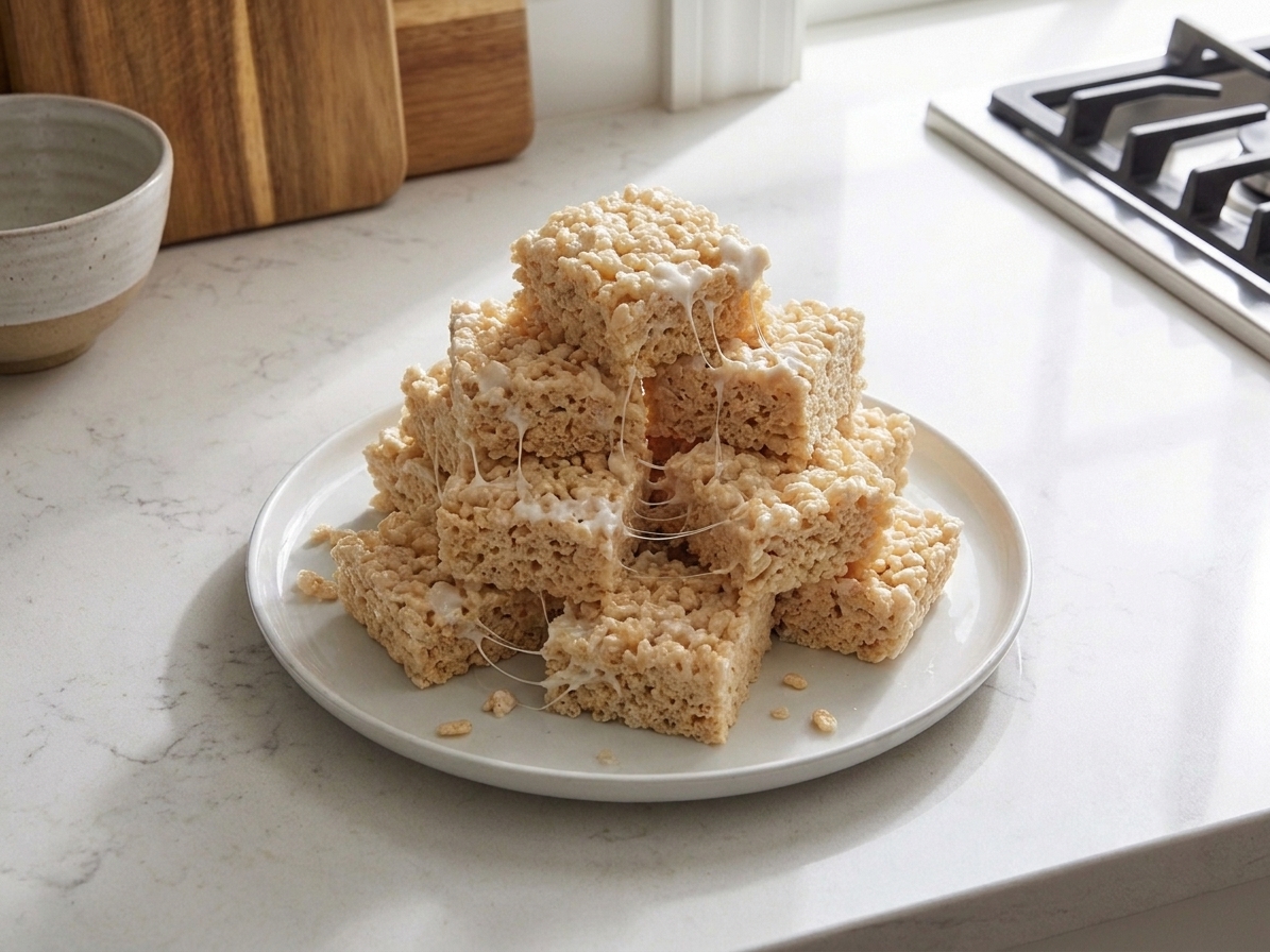 Crispy rice cereal treats cut into neat squares and stacked on a white plate on a kitchen table