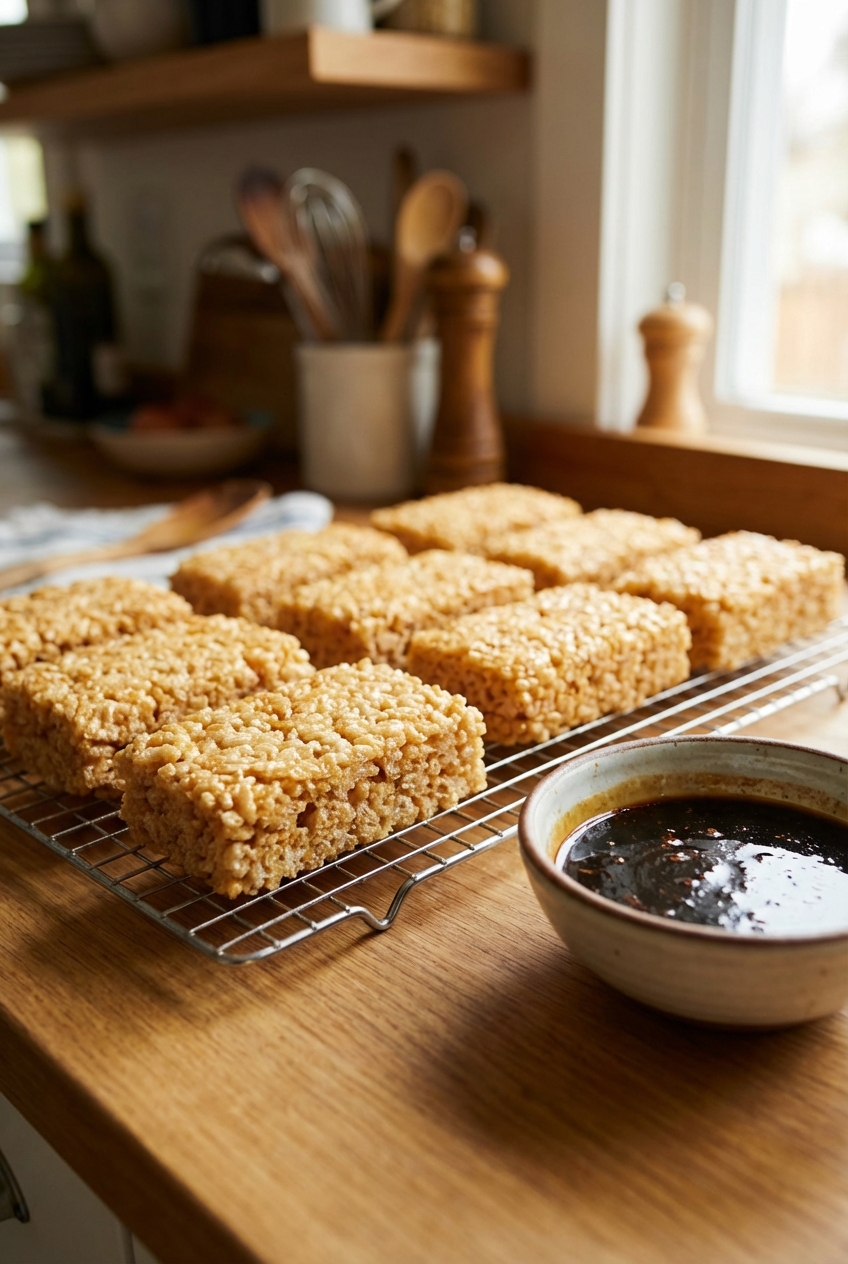 Crispy rice pieces cooling on a wire rack with a small bowl of sweet soy glaze beside them