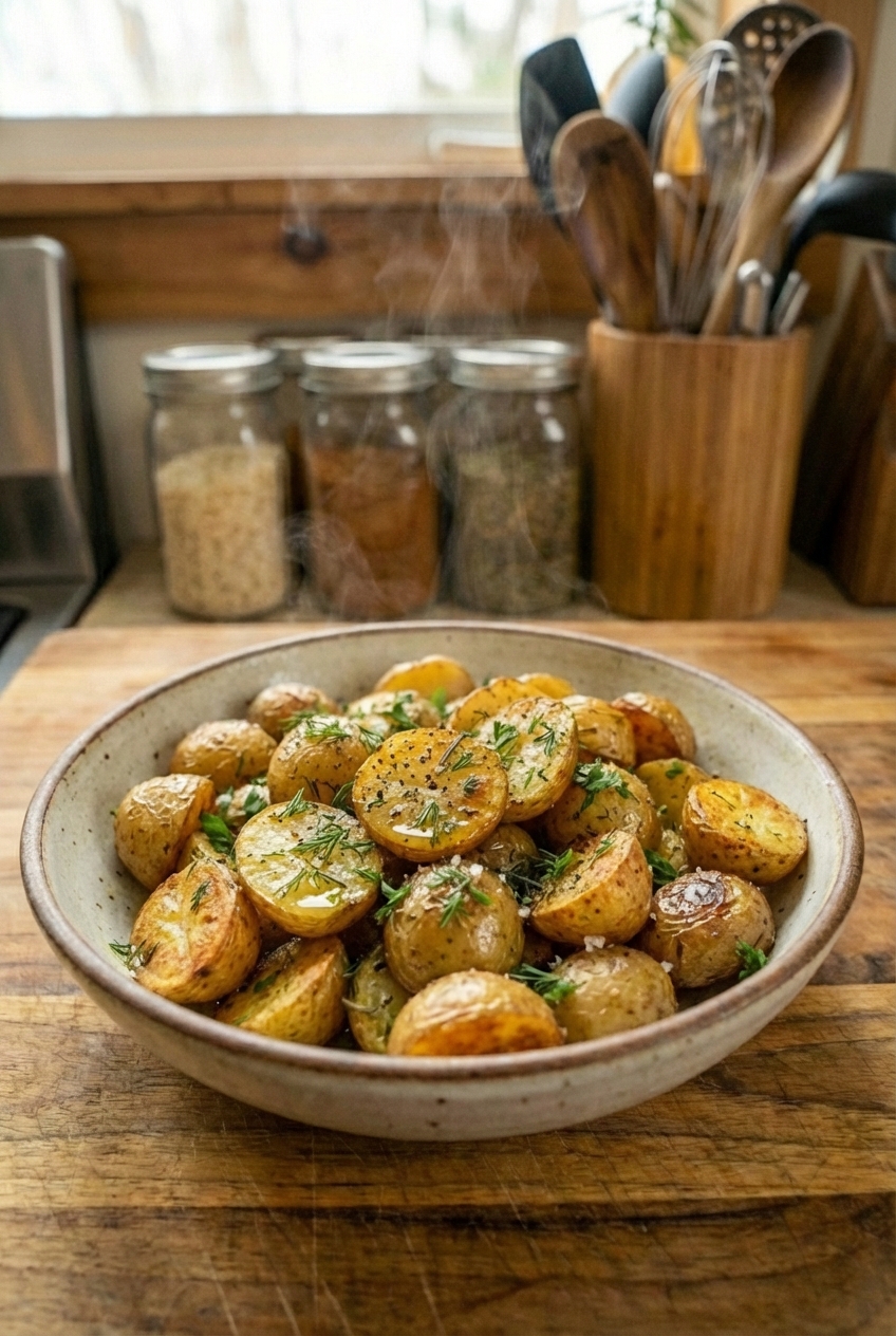 Crispy roasted baby potatoes with herbs in a serving bowl