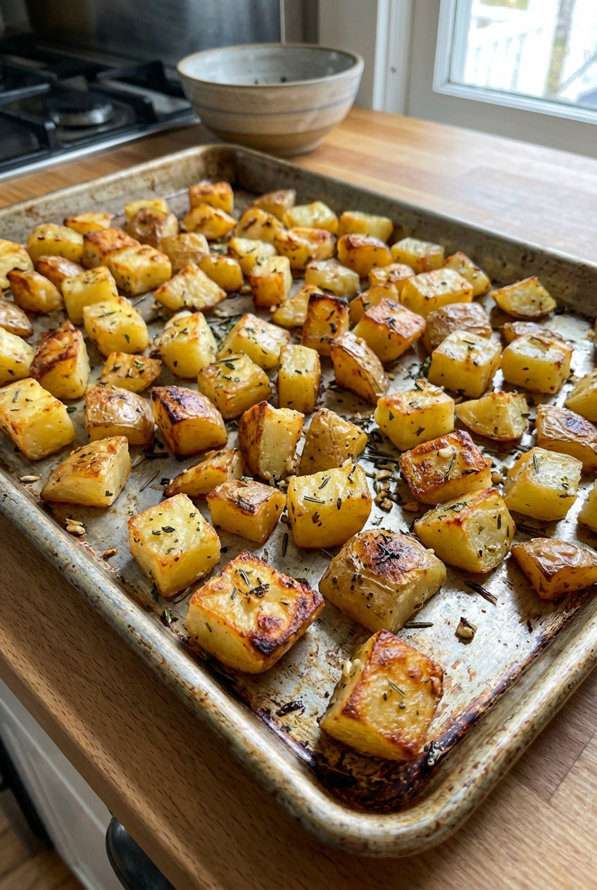 Crispy roasted breakfast potatoes on a baking sheet