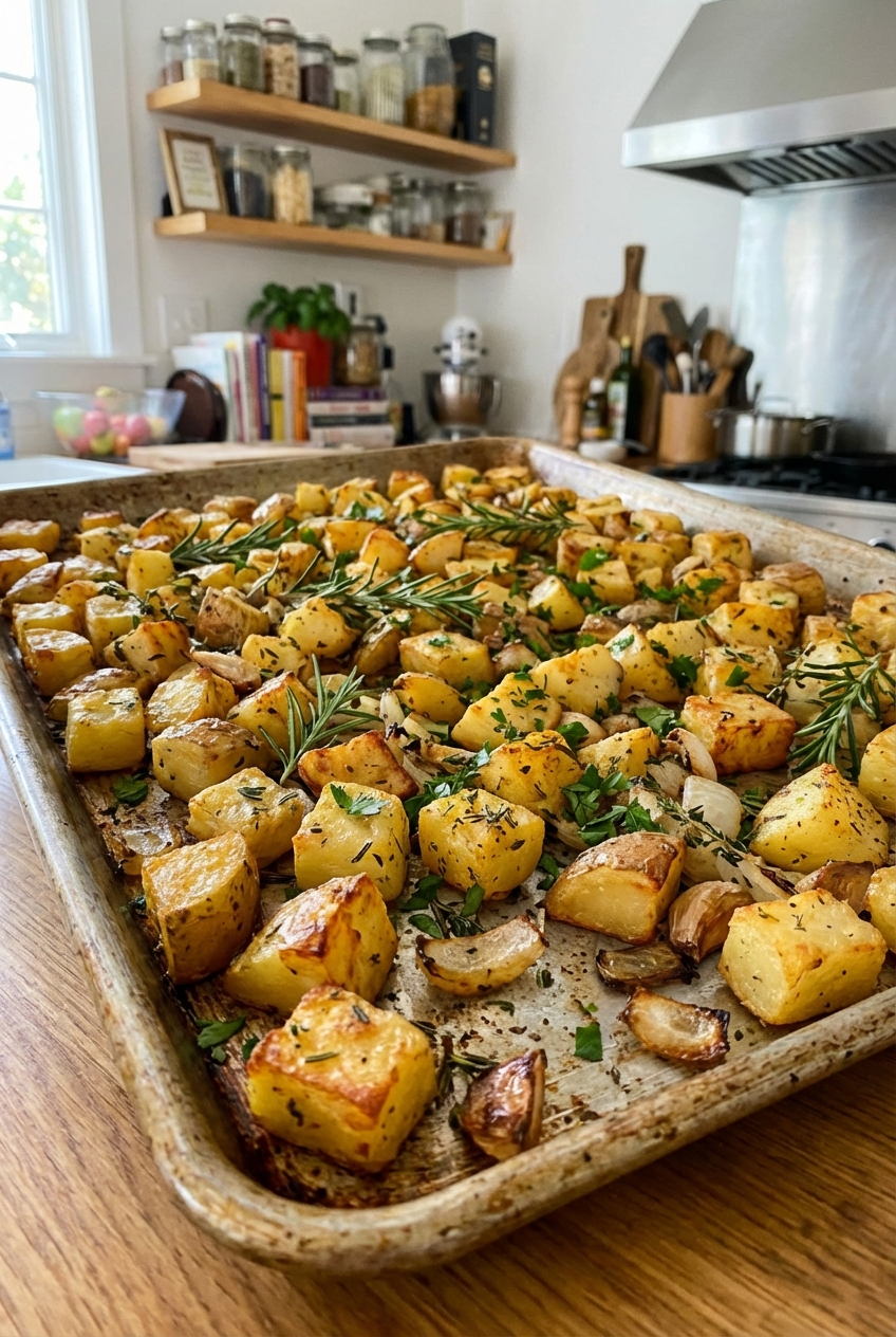 Crispy roasted breakfast potatoes on a sheet pan with herbs
