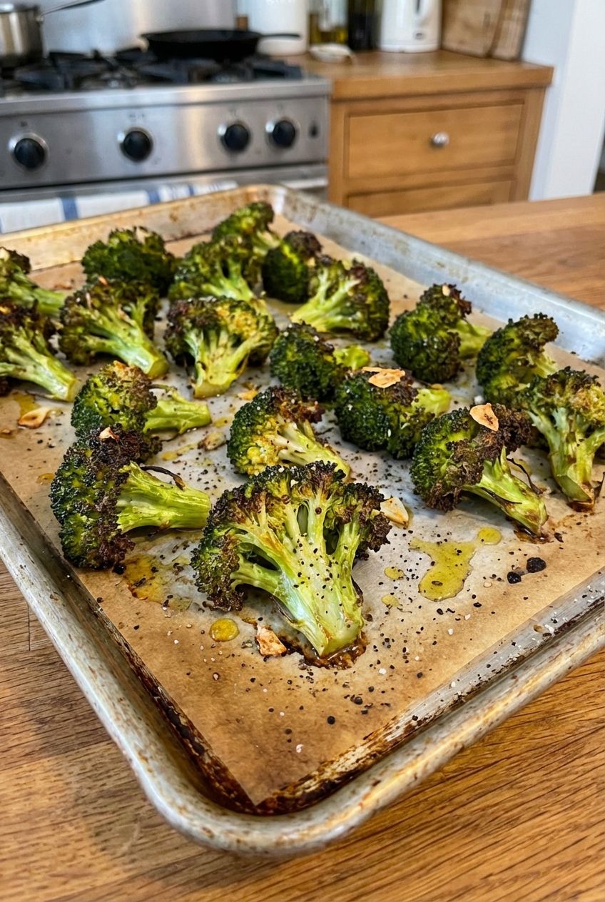 Crispy roasted broccoli on a sheet pan with browned edges