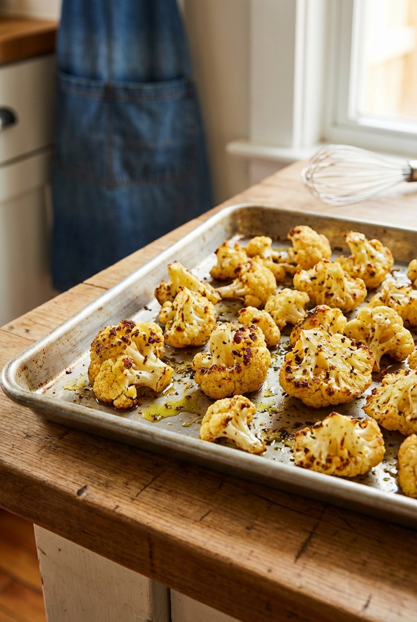 Crispy roasted cauliflower florets on a sheet pan