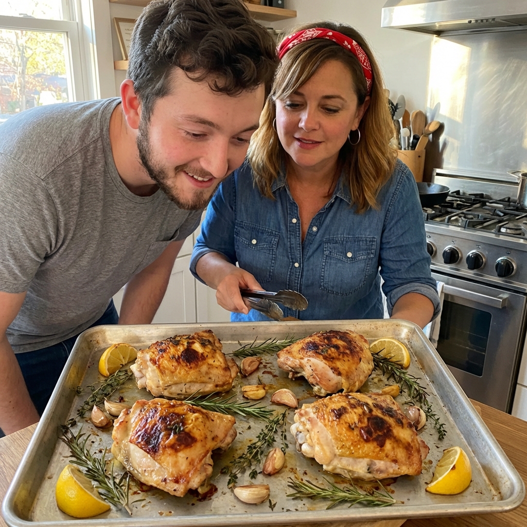 Crispy roasted chicken thighs on a sheet pan with herbs