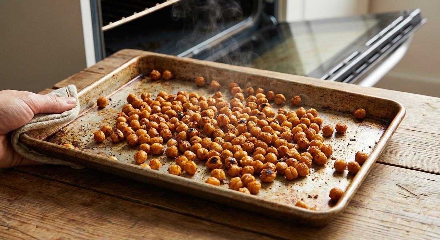 Crispy roasted chickpeas spread on a baking sheet just out of the oven