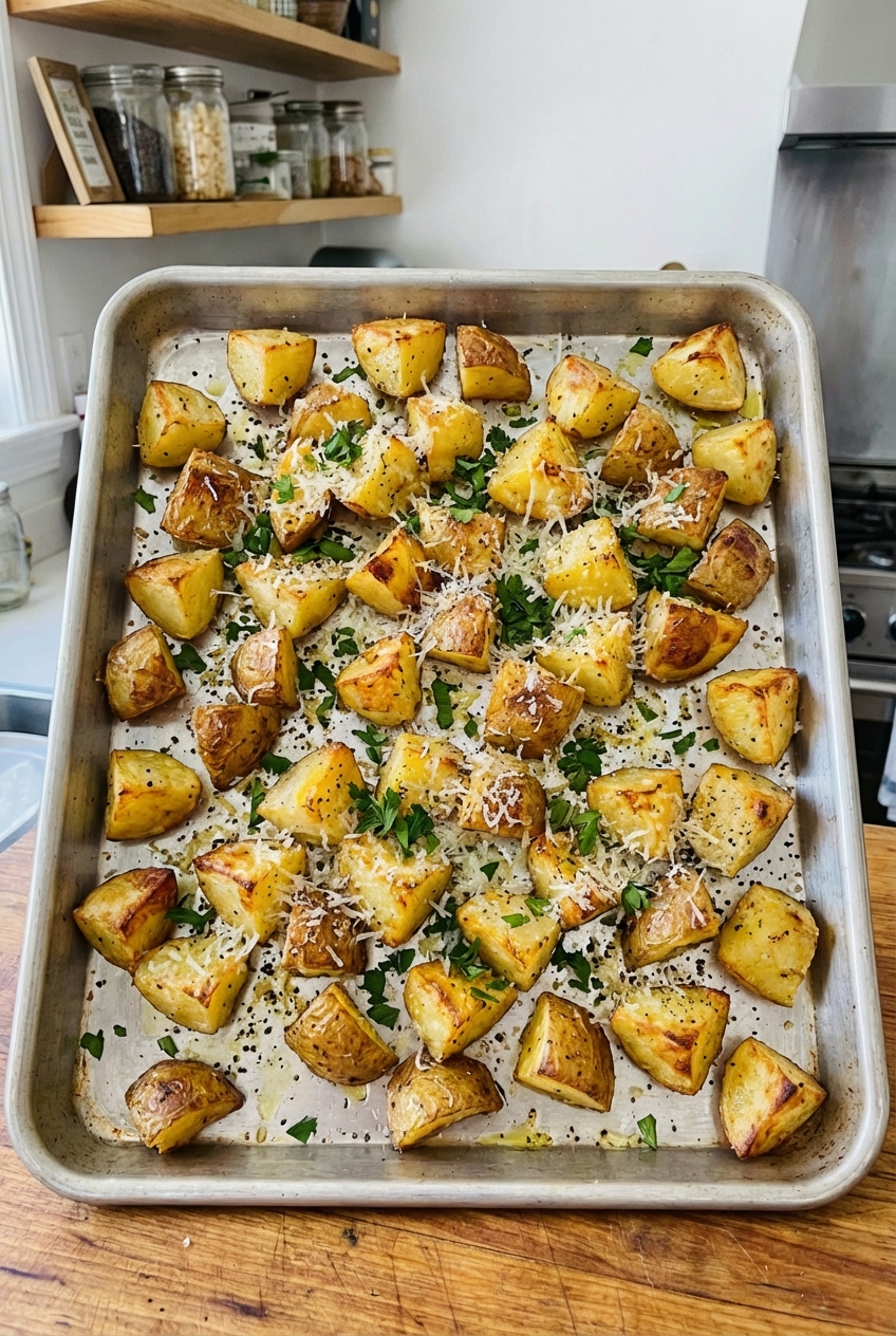 Crispy roasted potato pieces with parmesan and parsley on a sheet pan