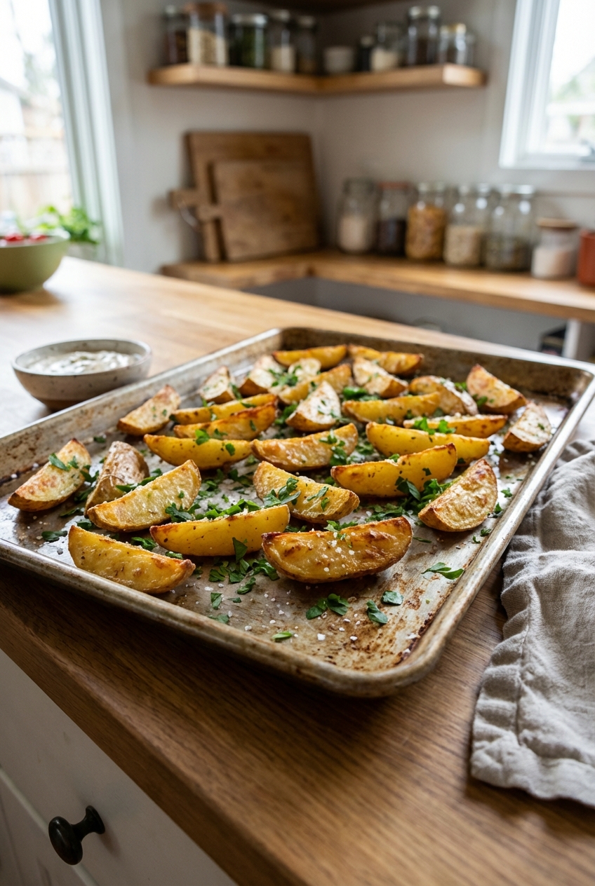 Crispy roasted potato wedges on a baking sheet with parsley