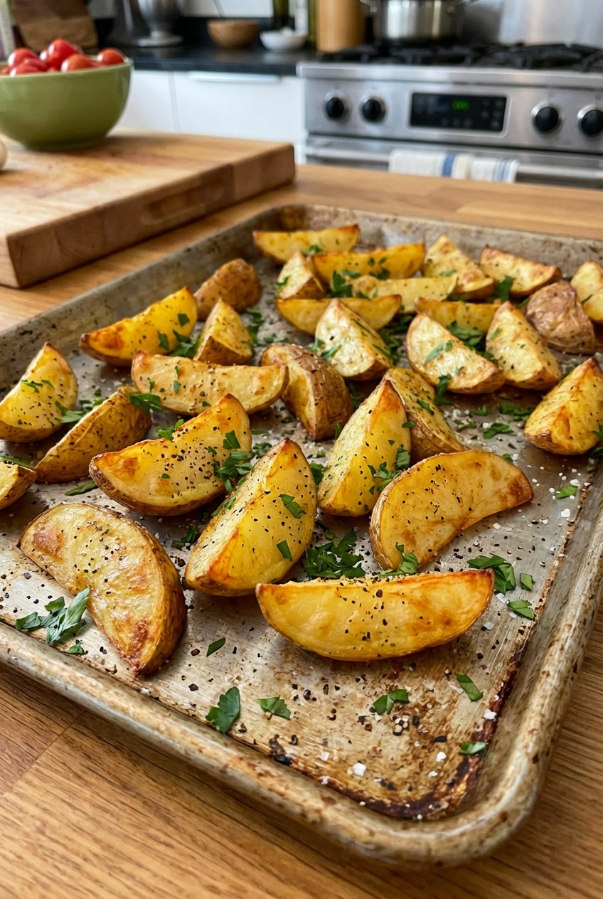 Crispy roasted potato wedges on a sheet pan with parsley