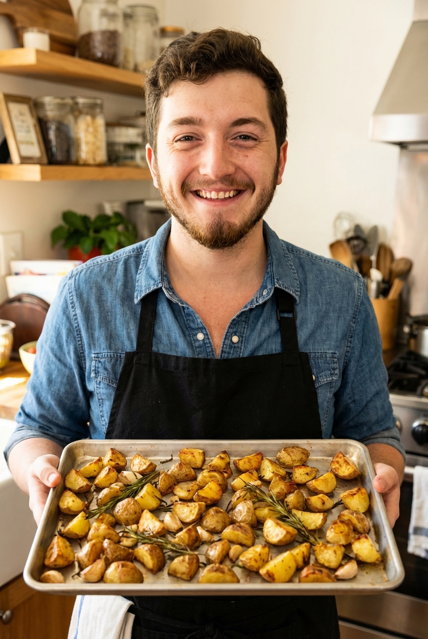 Crispy roasted potatoes on a sheet pan with rosemary and garlic