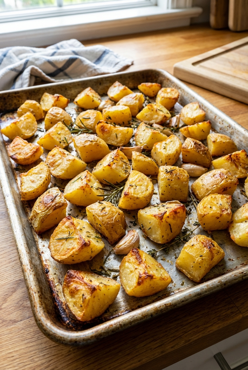 Crispy roasted potatoes on a sheet pan