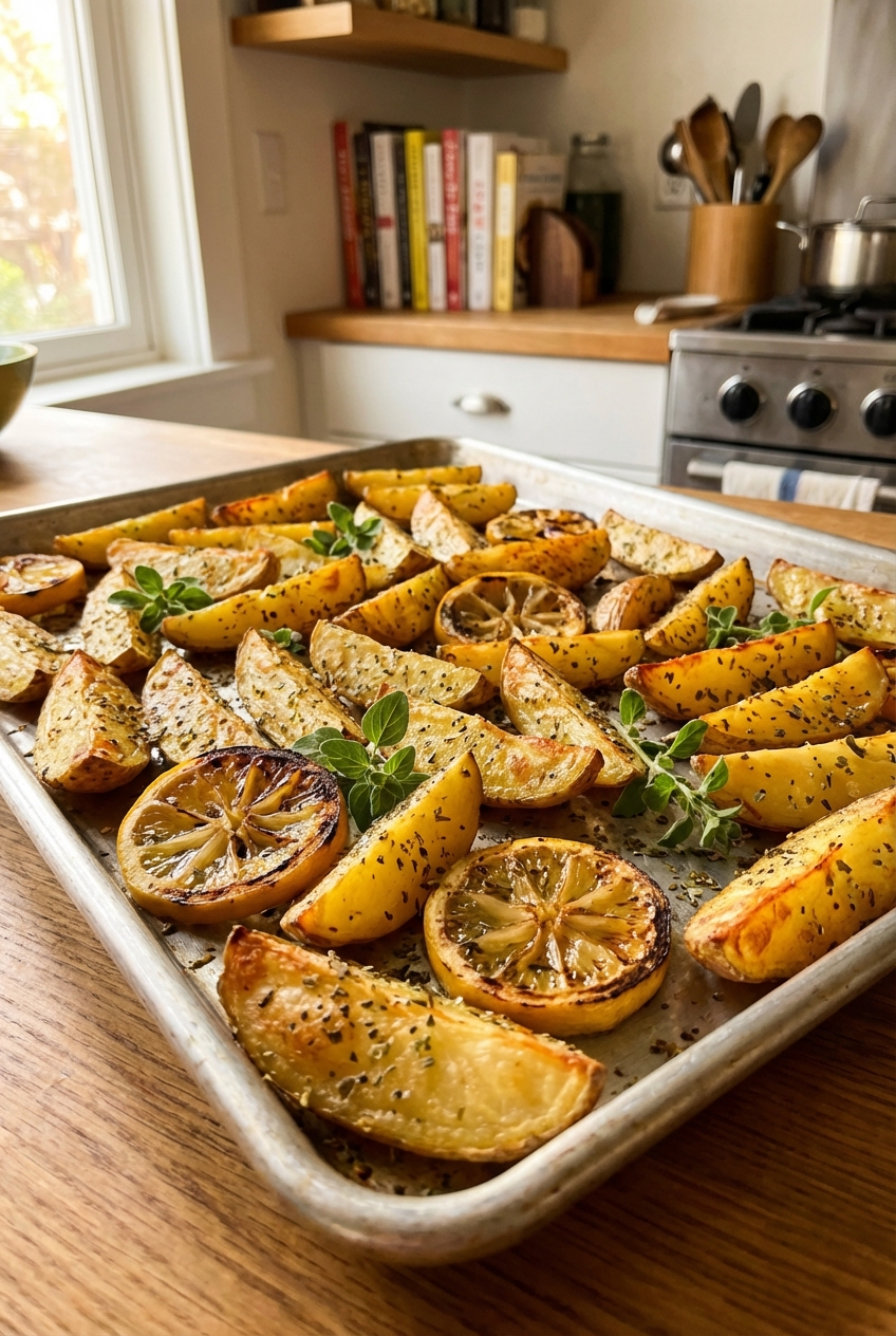 Crispy roasted potatoes with oregano and lemon slices on a sheet pan