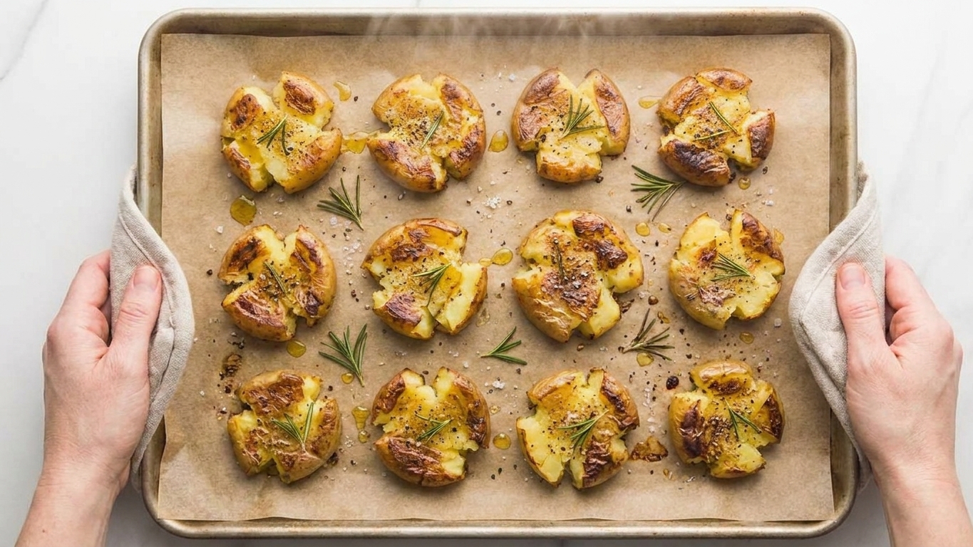 Crispy roasted smashed potatoes with browned edges on a sheet pan fresh out of the oven