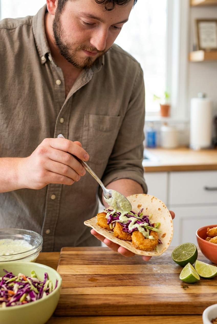 Crispy shrimp taco being assembled with slaw and lime crema on a warm tortilla
