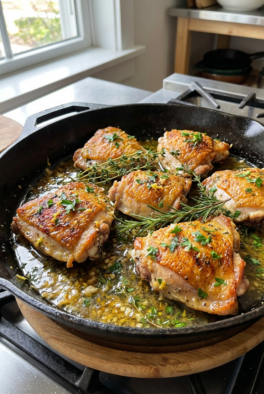 Crispy skin-on chicken thighs in a cast iron skillet with a glossy lemon garlic pan sauce and fresh herbs