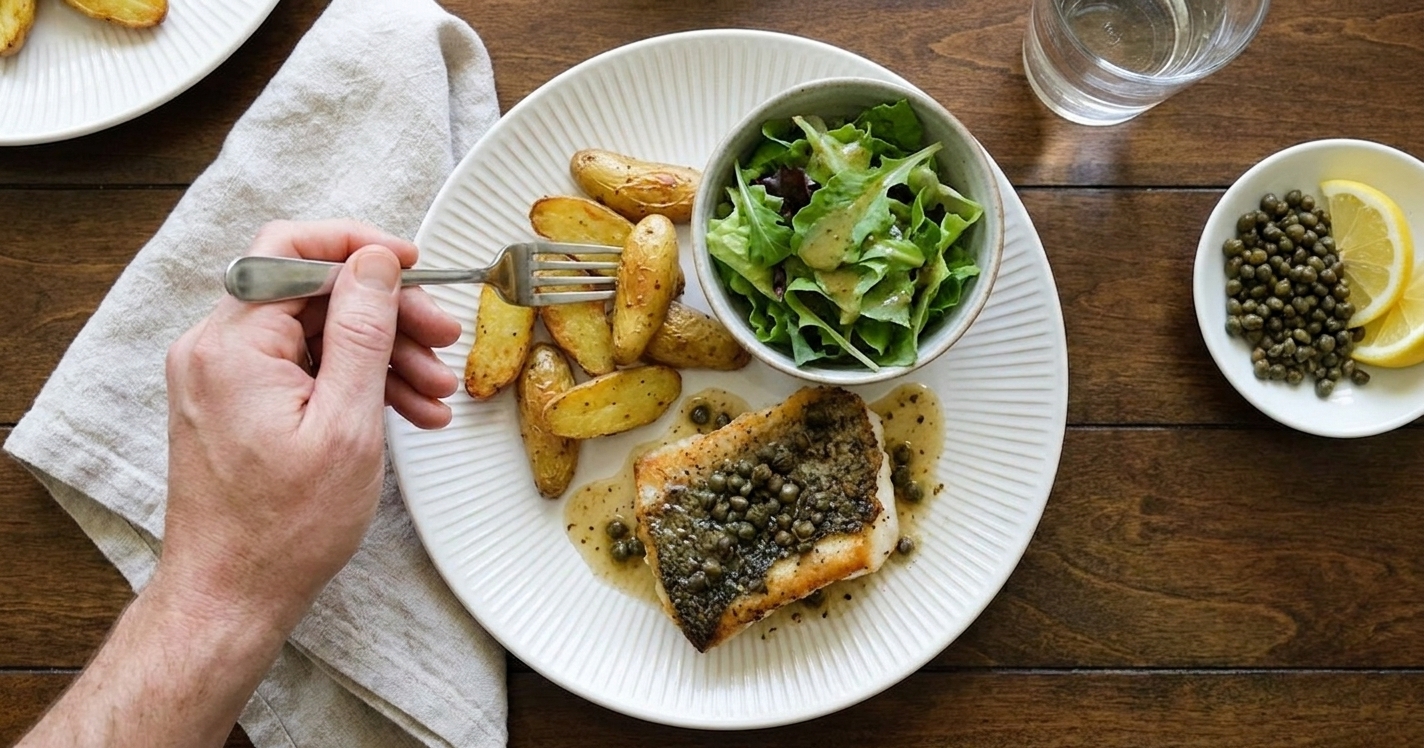 Crispy-skinned striped bass on a plate with lemon-caper sauce, served with roasted potatoes and a simple green salad on a family dinner table