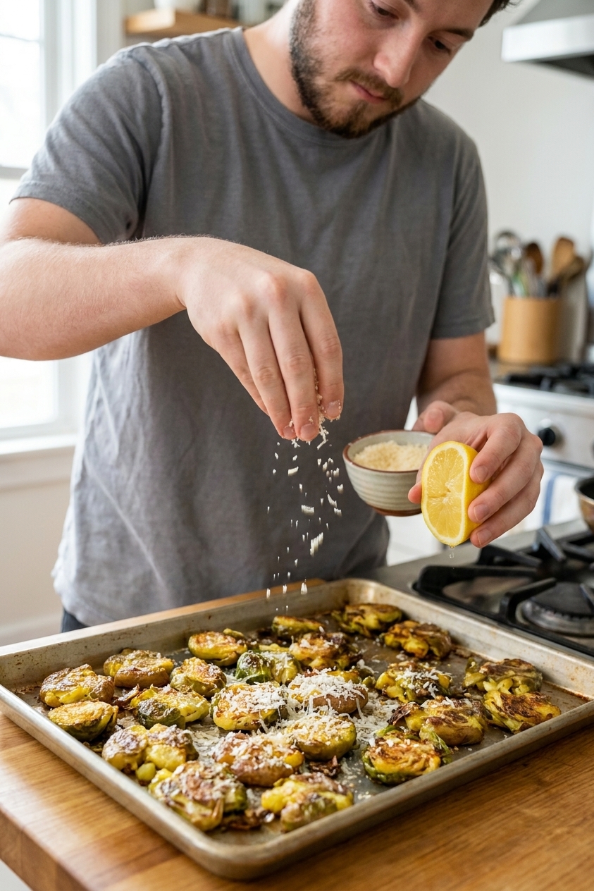 Crispy smashed Brussels sprouts on a baking sheet being finished with grated Parmesan and a squeeze of fresh lemon, close-up food photography