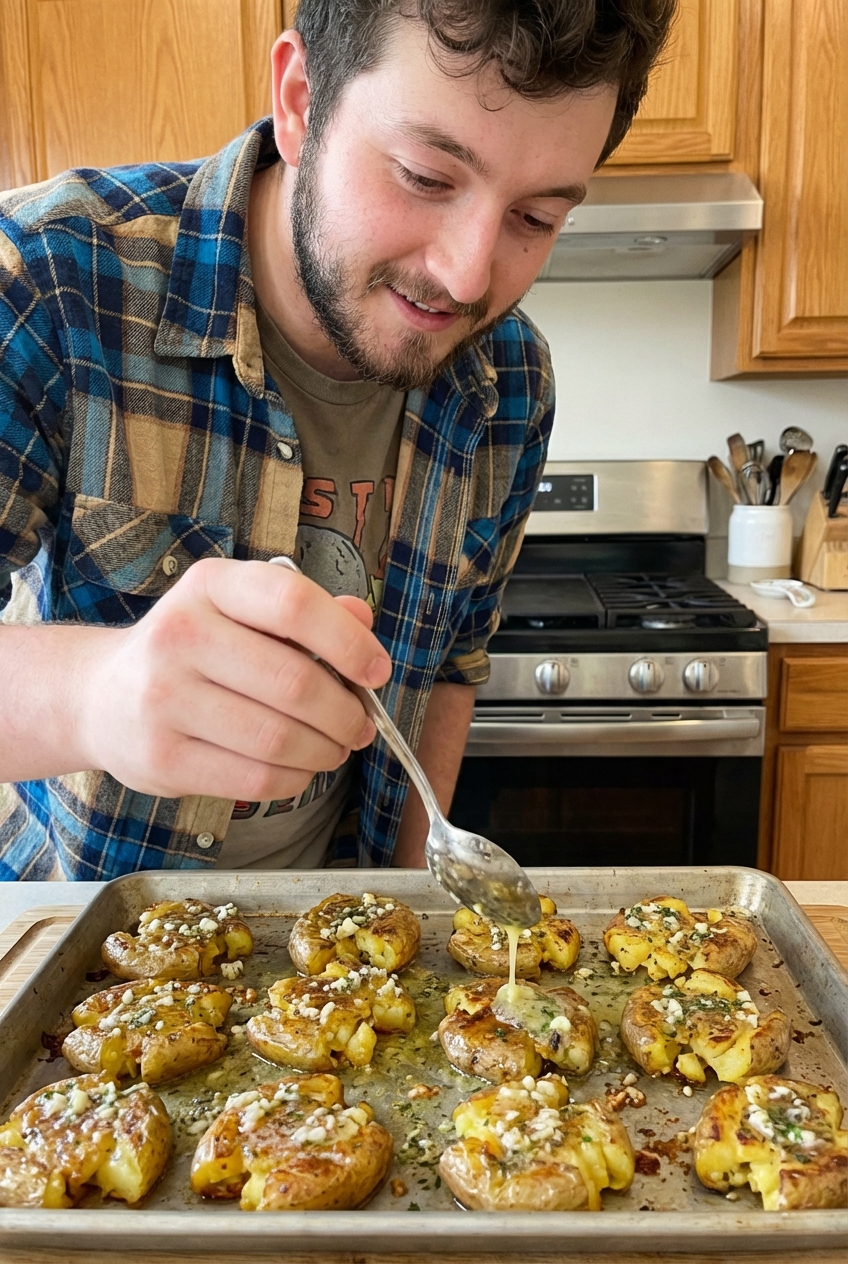 Crispy smashed potatoes being drizzled with melted garlic butter on a baking sheet