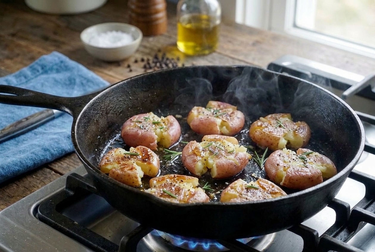 Crispy smashed potatoes browning in a cast iron skillet with a light sheen of oil on a stovetop